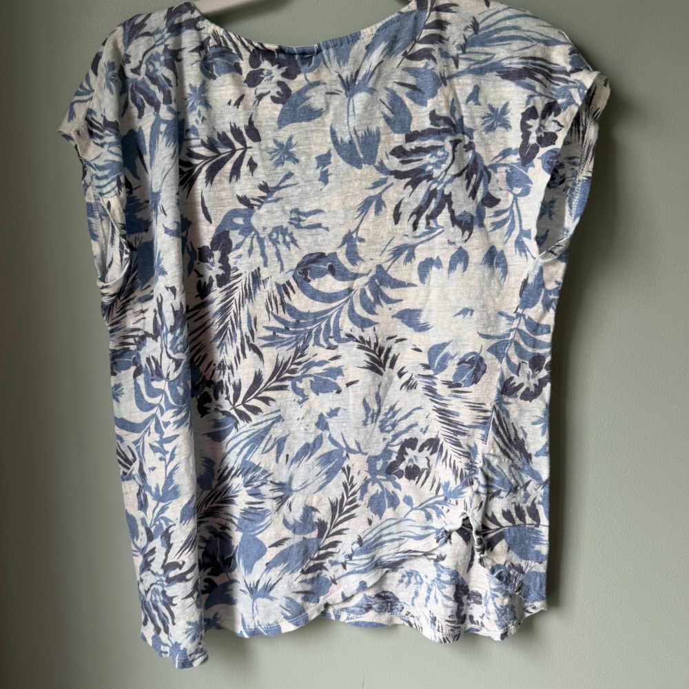 C&C‎ California 100% Linen Short Sleeve Top Asymmetrical Hem Blue White Size XL - Picture 2 of 12
